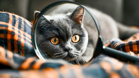 Closeup of a pensive Scottish Straight cat intently examining its surroundings through the of a magnifying glass showing its natural curiosity and desire to explore and understand the world around itの素材