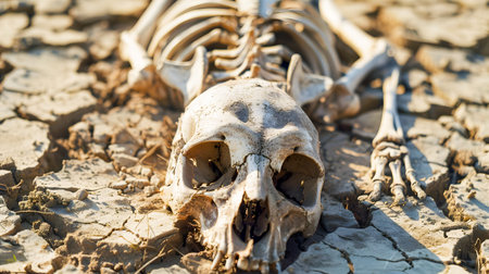 Skeletal remains of an animal lying on the cracked dried land due to a prolonged drought seasonの素材