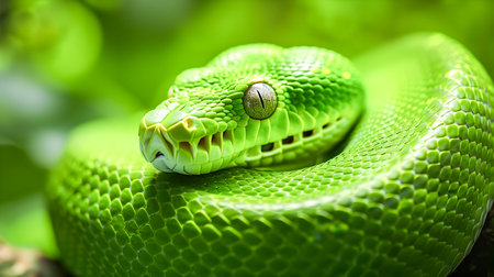Captivating close up of a vibrant green python coiled amidst the verdant leaves and foliage of a lush tropical forest  The serpent s striking scales and hypnotic eyes command attentionの素材