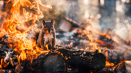 Squirrel frantically escaping from a burning woodpile amid raging forest fire disaster  The small animal is surrounded by flames embersの素材