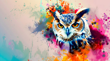 Striking digital of an owl with a vibrant abstract paint splash effect on a colorful dynamic background  The owl s feathers and facial features are rendered with a style using a painting techniqueの素材