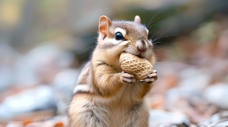 Closeup portrait of a curious chipmunk holding a peanut or nut in a natural forest environment with leaves logs and moss in the backgroundの素材