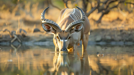 Majestic Kudu Antelope Drinking from a Tranquil Water Hole in the Savanna Landscape Silhouetted against a Golden Sunset Skyの素材
