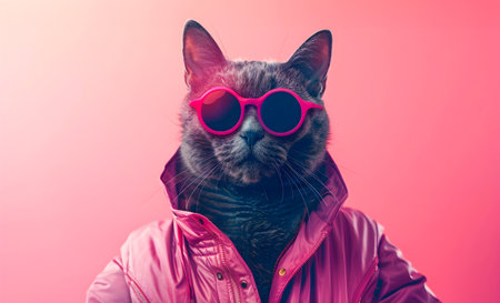 Surreal stylish and whimsical portrait of a cat wearing sunglasses and a fashionable jacket  This creative imaginative and unusual digital depicts a cool modernの素材