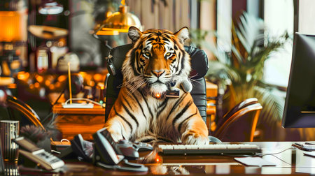 A fierce powerful tiger wearing a professional business suit is sitting at a desk working on a laptop computer in a corporate office settingの素材