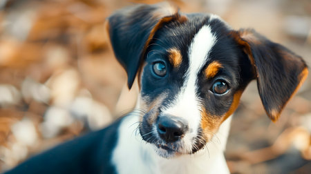 Close up Portrait of an Adorable Mixed Breed Puppy with Curious Expression and Friendly Gaze in a Natural Outdoor Setting with Wooden Ground and Leavesの素材