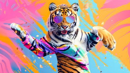 Vibrant and dynamic of a happy tiger dancing in a bold fashionable outfit complete with sunglasses against a creative abstract backgroundの素材