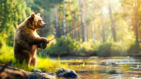 Solitary Bear Fishing with Fishing Rod in Peaceful Forest River Landscape with Reflections Mossy Banks and Lush Greeneryの素材