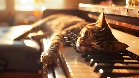 Playful Tabby Kitten Exploring and Resting on Sunlit Piano Keys in a Cozy Relaxing Indoor Settingの素材