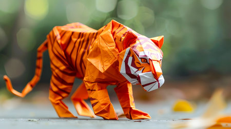 Vibrant Origami Tiger Figurine Amid Lush Greenery and Natural Textures  Handcrafted Paper Sculpture Showcasing the Beauty of Origami Art in an Outdoor Settingの素材