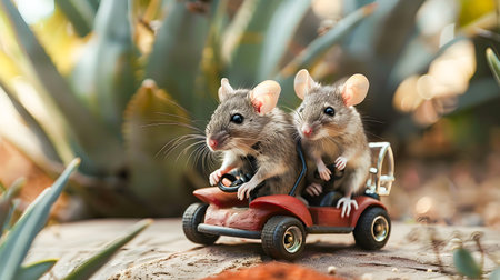 Two cute and curious mice are riding on a tiny miniature golf cart exploring the natural outdoor environment  This whimsical and playful scene creates a sense of wonder and imaginationの素材