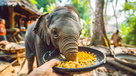 Orphaned young elephant calf receiving nourishing breakfast at an animal rescue and rehabilitation center in a lush tropical forest environmentの素材