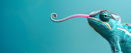 Funny and Colorful Blue Chameleon Hunting with Its Extended Pink Tongue Displayed Against a Vibrant Turquoise Background  Exotic Reptile Wildlife Macro Photographyの素材