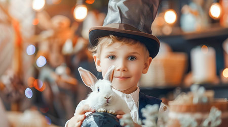 Cheerful young boy dressed as a magician holds a rabbit in his top hat standing indoors with festive holiday or party in the backgroundの素材