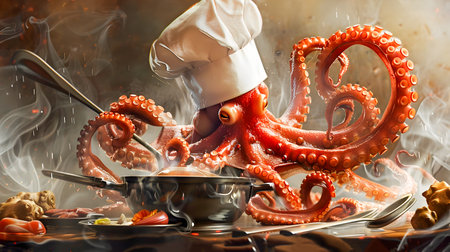 Whimsical and imaginative digital of an octopus wearing a chef s hat and holding a wooden spoon cooking up a surreal culinary creation in a kitchen setting with steam and smokeの素材