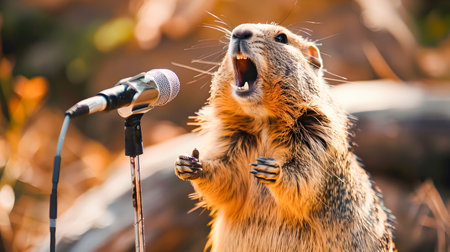 Cute and lively gopher vocalizing and singing into a vintage microphone during an outdoor karaoke performance in a natural settingの素材