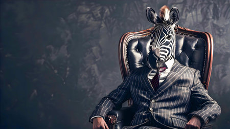 Sophisticated and stylish zebra character dressed in a formal business suit and glasses sitting regally on a throne against a dark backgroundの素材