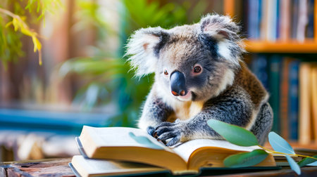 Cute and fluffy koala bear sitting on a tree branch and reading an open book representing the education and studying concept  The koala is surrounded by lush green leavesの素材