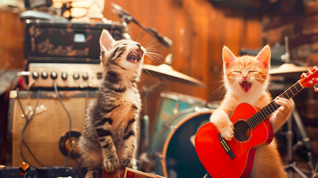 Adorable and Talented Feline Musicians Rocking the Stage with Electric and Acoustic Guitars Singing and Performing in a Recording Studio or Music Venue Settingの素材