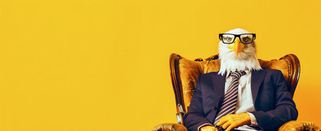 Bald Eagle Portrait in Formal Business Suit and Glasses Sitting Regally on Throne with Yellow Background and Copy Space for Textの素材