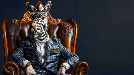 Stylish Zebra Animal Wearing Formal Business Suit and Glasses Sitting on a Regal Throne with Copy Space for Text or Branding  Luxury Corporate or Executive Conceptの素材