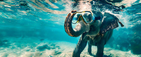 Playful Elephant Exploring the Underwater World with Snorkel Gear   Whimsical image of an elephant wearing diving mask and snorkel swimming playfully in a tropical ocean or pool settingの素材