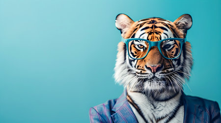 Captivating portrait of a tiger wearing a sleek suit tie and fashionable glasses against a vibrant blue background  This conceptual image represents strength powerの素材