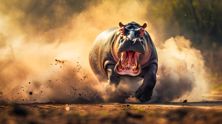 Fierce angry hippopotamus opens its enormous mouth and charges down a dirt road kicking up a cloud of swirling dust and smoke in its wake as it displays its power and aggressionの素材