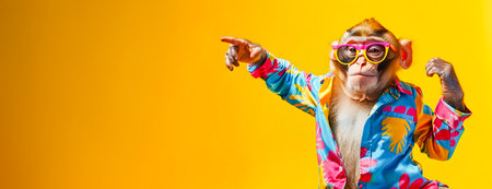 Playful and Energetic Monkey Dancer Wearing Colorful Fashion Outfit and Sunglasses Performing on a Vibrant and Whimsical Random Backgroundの素材