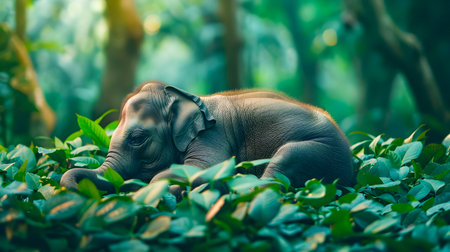 Sleeping Baby Elephant Resting Peacefully in the Lush Green Foliage of a Tropical Jungle  Conceptual Image Highlighting the Importance of Wildlife Conservation and Eco tourismの素材