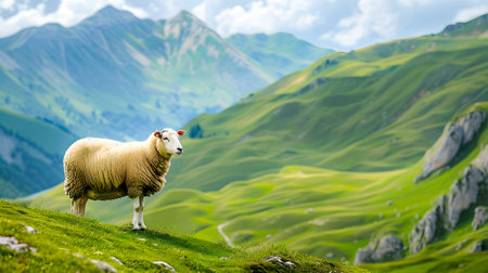 Majestic sheep grazing peacefully in a lush green alpine landscape with snow capped mountains in the background  A tranquil and serene pastoral scene showcasing the natural beauty of the countrysideの素材