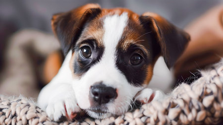 Adorable mixed breed puppy with a charming facial expression featuring big eyes a cute snout and soft fluffy furの素材