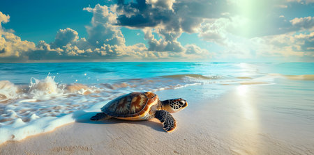 Peaceful Sea Turtle Relaxing on the Shore of a Stunning Tropical Beach with Crashing Waves Vibrant Blue Sky and Fluffy White Clouds in the Distanceの素材