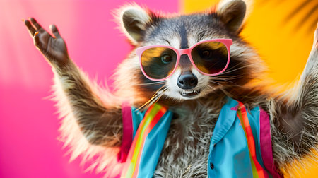 Playful raccoon wearing trendy sunglasses and a colorful fashionable outfit dances with energy against a vibrant and abstract background evoking a sense of joy humor and whimsical charmの素材