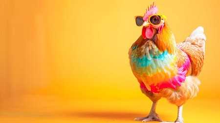 Quirky and Vibrant Chicken Character Wearing Colorful Sunglasses and Stylish Fashion Outfit Dancing With Lively and Playful Energy on a Random Backgroundの素材