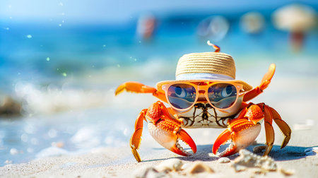 Cheerful and Cute Crab Wearing Sunglasses and a Straw Hat Relaxing and Enjoying a Sunny Beach Holiday by the Sparkling Blue Oceanの素材