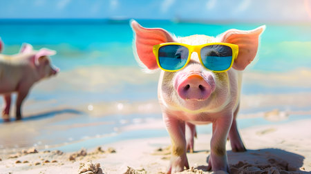 Playful Pig Wearing Bright Sunglasses Relaxing on Vibrant Tropical Beach Against Turquoise Seaの素材