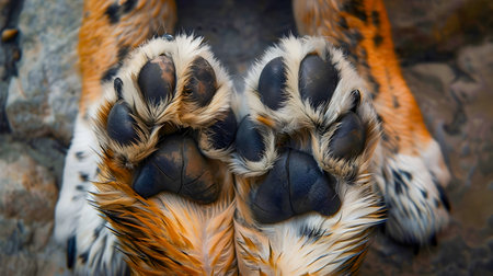 Close up top view of dog paws showing a heart shaped spot pattern on the fur with a human hand gently touching the soft furry surface  Conceptual image of love affectionの素材