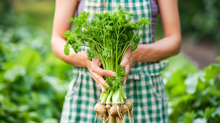 A farmer or gardener holding a bundle of freshly harvested parsley roots in their hands showcasing the bounty from their organic garden or small farm  The image depicts the concept of sustainableの素材