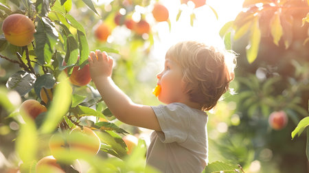 Young child reaching up to pluck a ripe juicy peach from the lush green branches of a fruit tree in a bountiful orchard  The child s face is filled with wonder and delight as they savor the sweetの素材