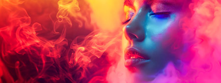 A stunning African American woman is captured in a close-up portrait, surrounded by colorful smoke and illuminated from the side The background features soft lighting, creating an atmosphere ofの素材