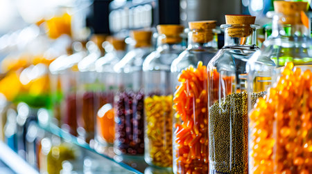 A visually striking and detailed image of rows of glass jars filled with various ingredients such as dried fruits seeds and spices arranged in the style of alchemical symbolism The image features a vintage apothecary-like aesthetic with each jar dispの素材
