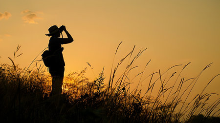 A woman stands on a grassy hill at sunset, scanning the sky with binoculars, immersed in birdwatching and nature exploration The AI-generated image showcases high resolution, professional colorの素材