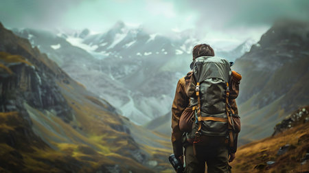 An explorer, wearing outdoor gear and carrying a backpack filled with supplies, stands on a mountain peak shaped like a boars head, overlooking snowcapped peaks in the distance The atmosphere isの素材