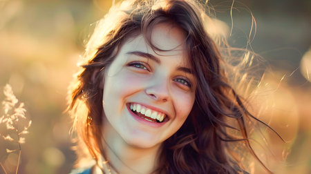 Close up Portrait of a Beautiful Young Woman with a Radiant Joyful Smile Captured in Natural Sunlight  Positive Emotion and Happiness Expressed on Her Smiling Faceの素材