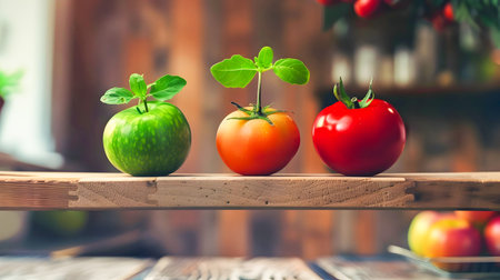 An image of three tomatoes growing from green leaves on a shelf in a colorful and bold style and three tomatoes with green leaves sitting on a wooden table in the style of code-based creations on a wooden shelf in the style of narrative-driven visualの素材