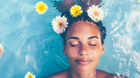A woman is seen relaxing in a water filled with flowers and petals with a light indigo and amber color style giving a peaceful and calming feelingの素材