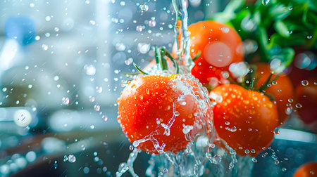 A dynamic still life of tomatoes in a kitchen with water splashing and droplets in a dreamlike and symbolic installation High resolution and vibrant perfect for cuisine and gastronomyの素材