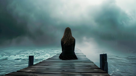 A woman sits alone on a dock lost in thought as a storm approaches over the sea The scene is rendered in a dark teal and black palette evoking a sense of melancholy and contemplationの素材