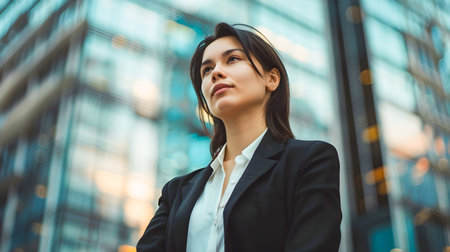 A confident businesswoman stands on a rooftop at night looking forward against the backdrop of a city skyline in a Y2K-inspired aestheticの素材